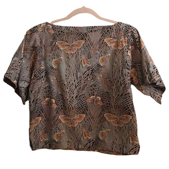 VTG Boat Neck Flare Sleeve Top Womens Medium Butterfly Woodland Cottagecore Boho - Picture 1 of 6